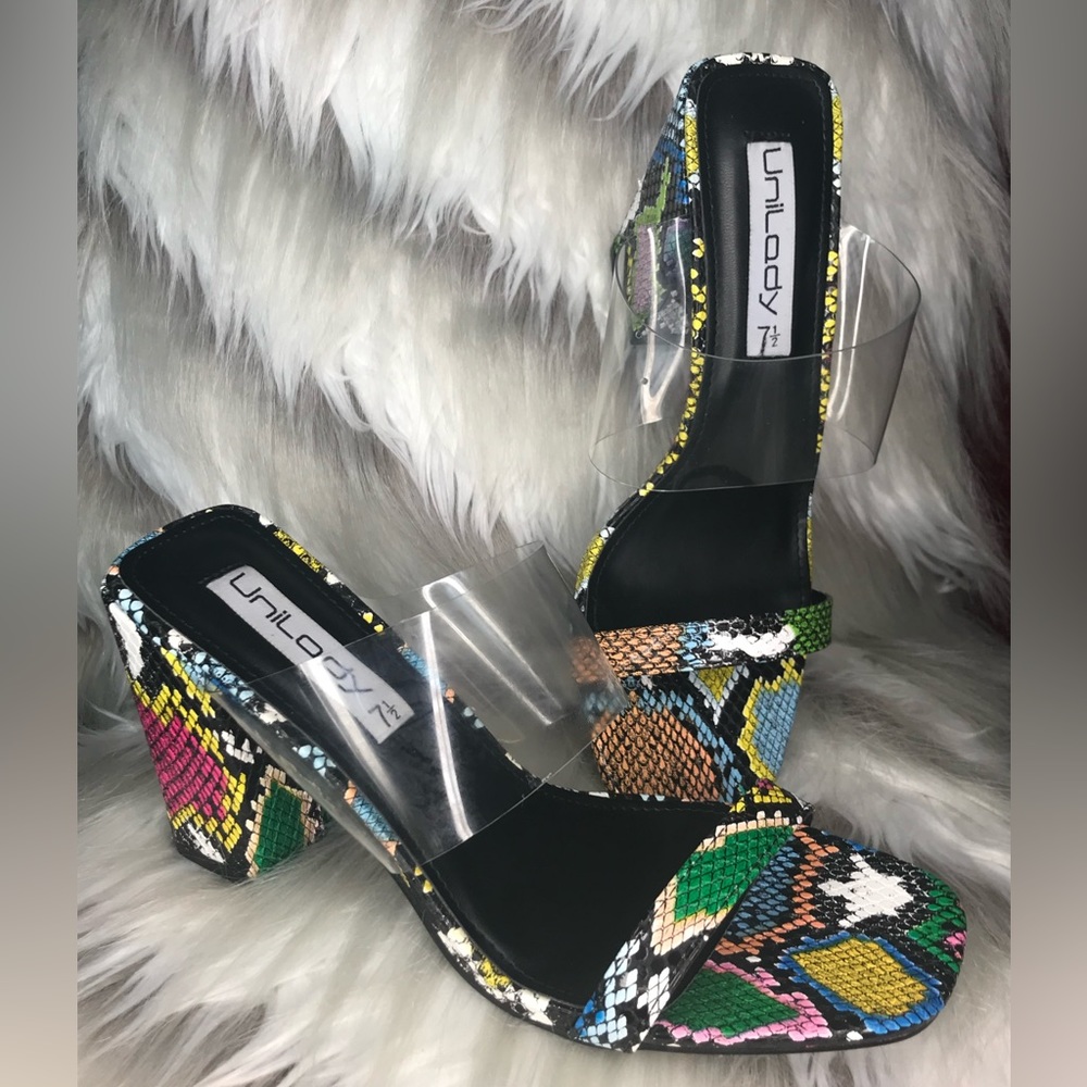 Brand new open toe, slide in heel sandals. Multi color sneak print